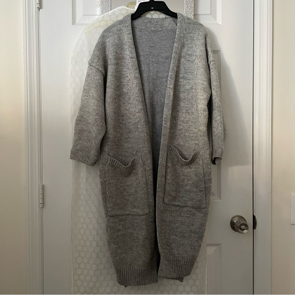 Cozy Gray Open-Front Long Cardigan